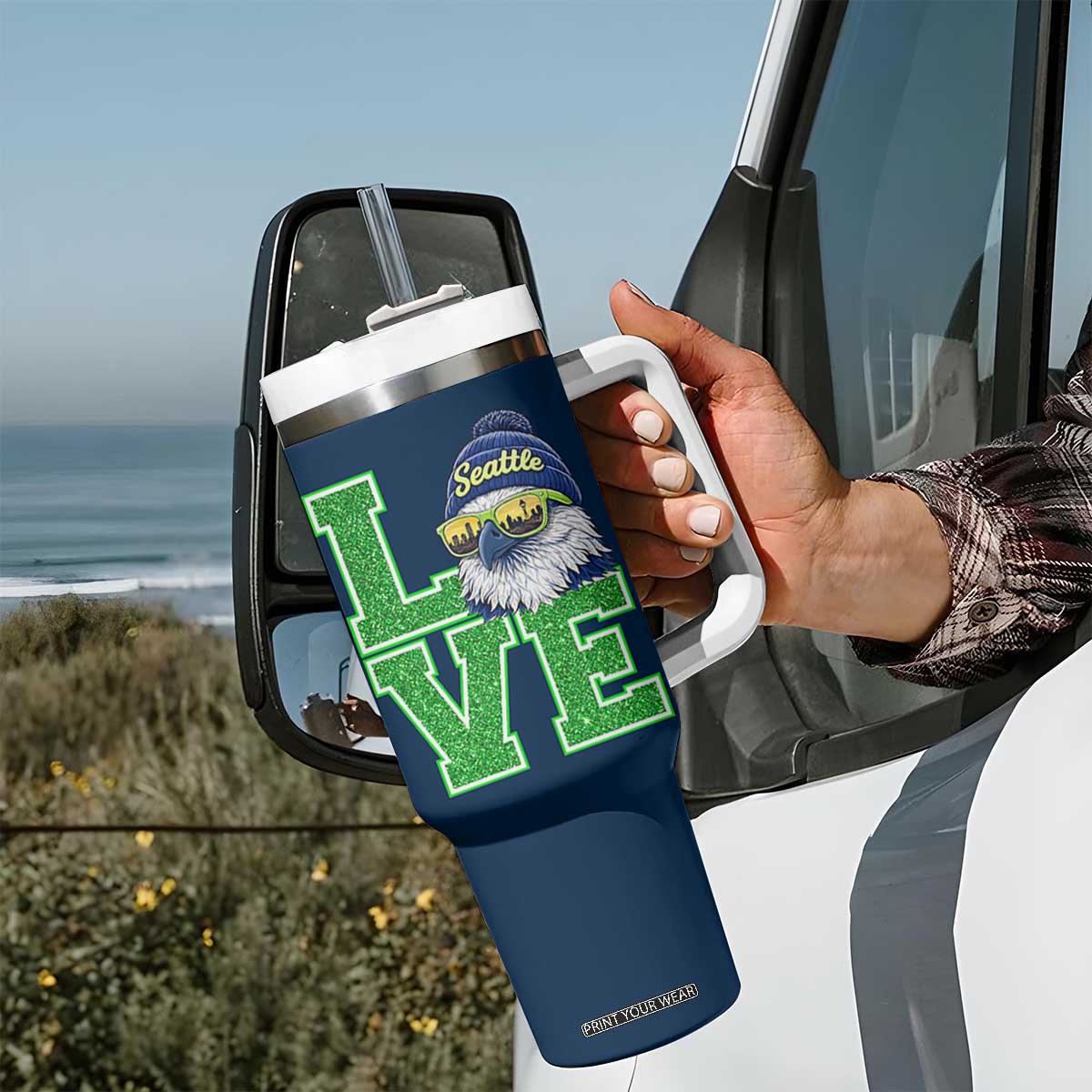 Seattle LOVE Hawk Graphic Tumbler With Handle Blue and Green Game Day Sports Fan TS02 Print Your Wear