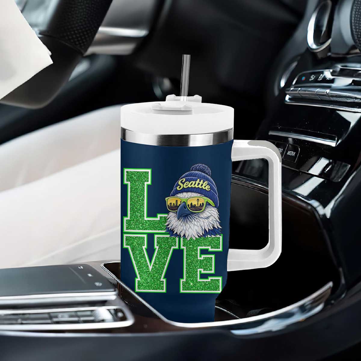 Seattle LOVE Hawk Graphic Tumbler With Handle Blue and Green Game Day Sports Fan TS02 Print Your Wear