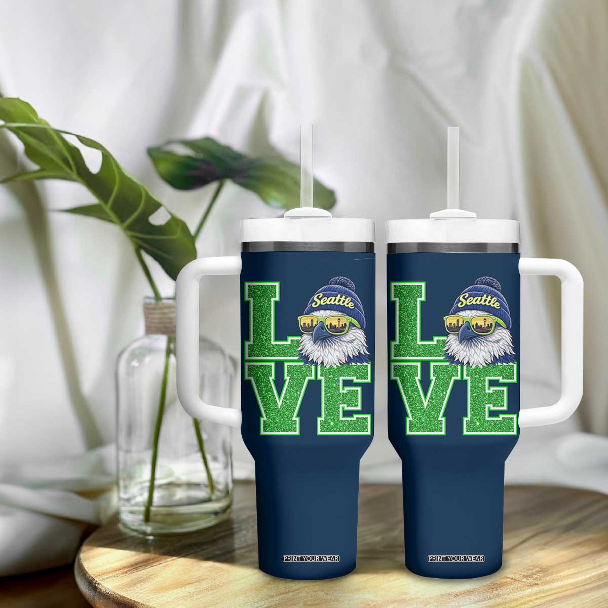 Seattle LOVE Hawk Graphic Tumbler With Handle Blue and Green Game Day Sports Fan TS02 Print Your Wear
