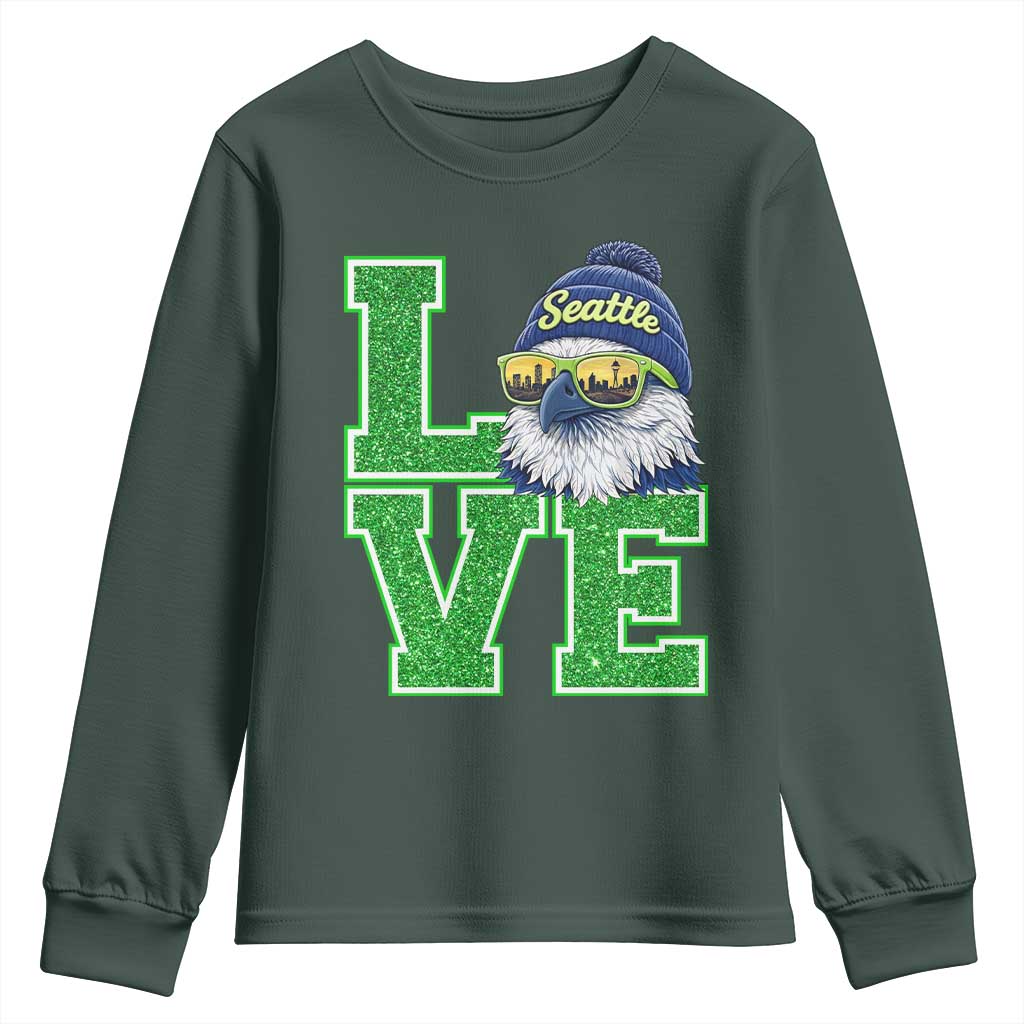Seattle LOVE Hawk Graphic Youth Sweatshirt Blue and Green Game Day Sports Fan TS02 Dark Forest Green Print Your Wear