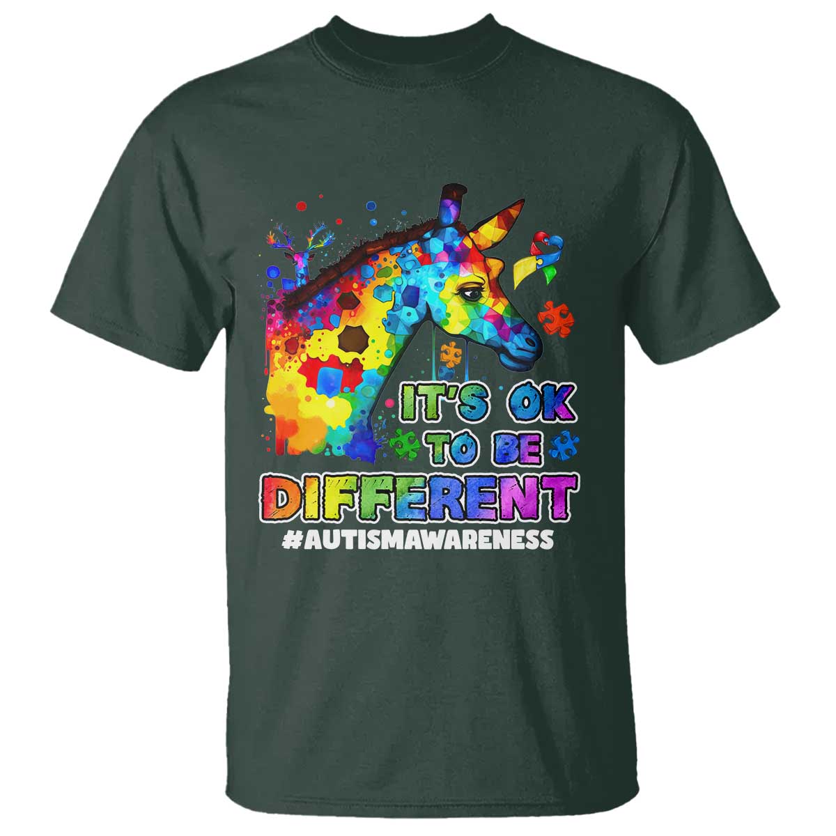 Giraffe Autism Awareness T Shirt It's Ok To Be Different Support Autistic TS02 Dark Forest Green Printyourwear
