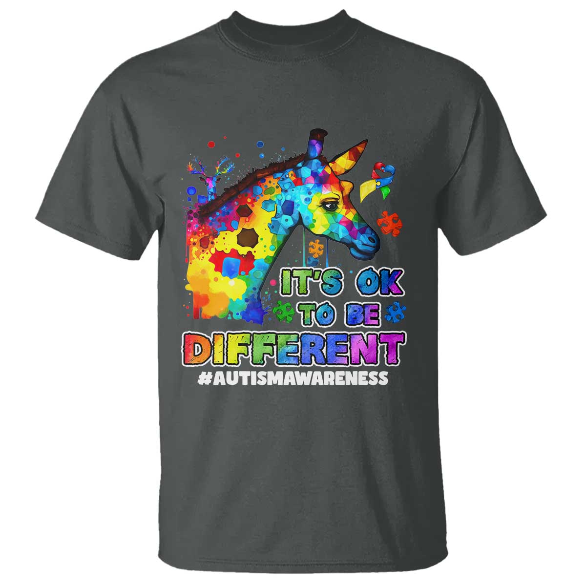 Giraffe Autism Awareness T Shirt It's Ok To Be Different Support Autistic TS02 Dark Heather Printyourwear