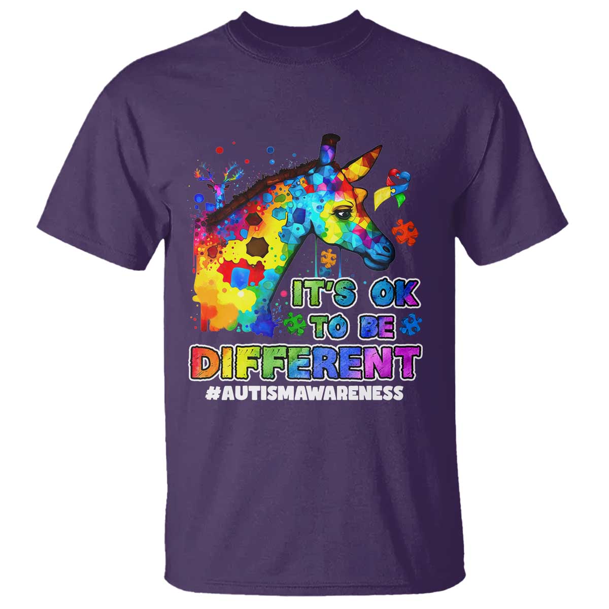 Giraffe Autism Awareness T Shirt It's Ok To Be Different Support Autistic TS02 Purple Printyourwear