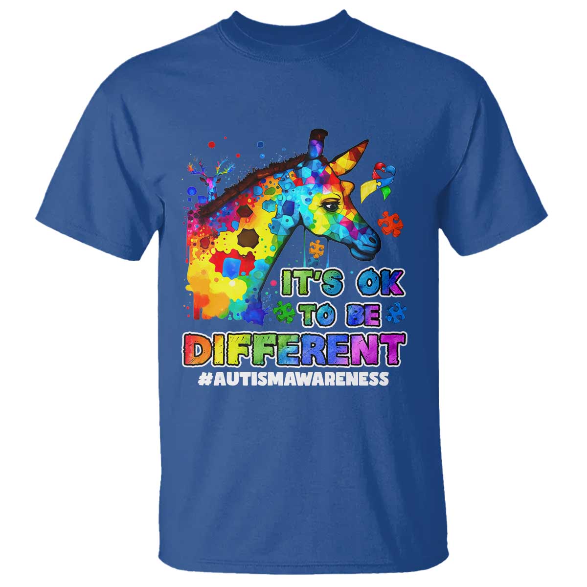 Giraffe Autism Awareness T Shirt It's Ok To Be Different Support Autistic TS02 Royal Blue Printyourwear