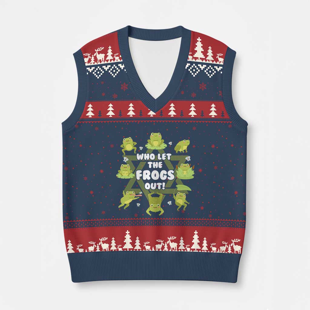 Funny Passover V-Neck Knit Sweater Vest Who Let the Frogs Out Jewish Seder Fami TS02 Navy Red Print Your Wear