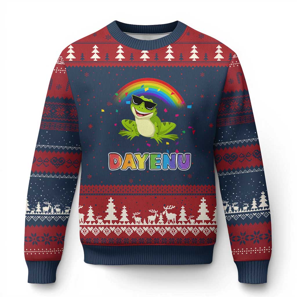 Funny Dayenu Frog Rainbow Ugly Christmas Sweater Passover Celebration with Pride Vibes TS02 Navy Red Print Your Wear