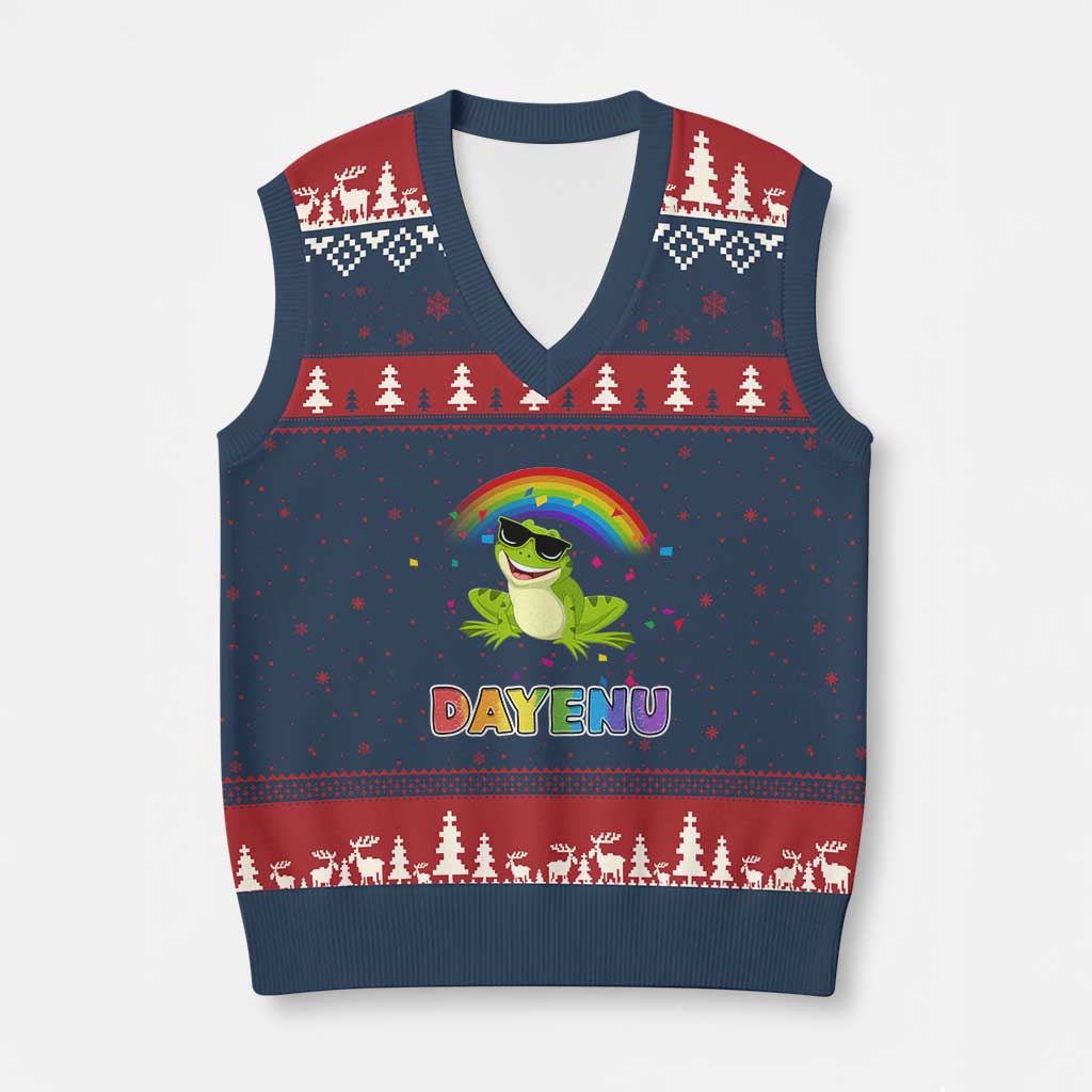 Funny Dayenu Frog Rainbow V-Neck Knit Sweater Vest Passover Celebration with Pride Vibes TS02 Navy Red Print Your Wear