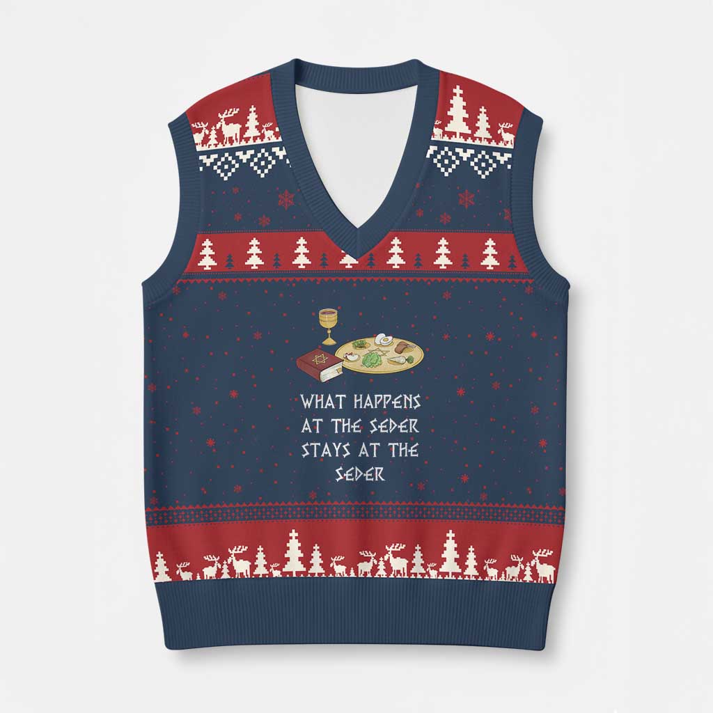 Funny Passover Seder V-Neck Knit Sweater Vest What Happens At The Seder Stays At The Seder Jewish Holiday TS02 Navy Red Print Your Wear