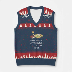 Funny Passover Seder V-Neck Knit Sweater Vest What Happens At The Seder Stays At The Seder Jewish Holiday TS02 Navy Red Print Your Wear