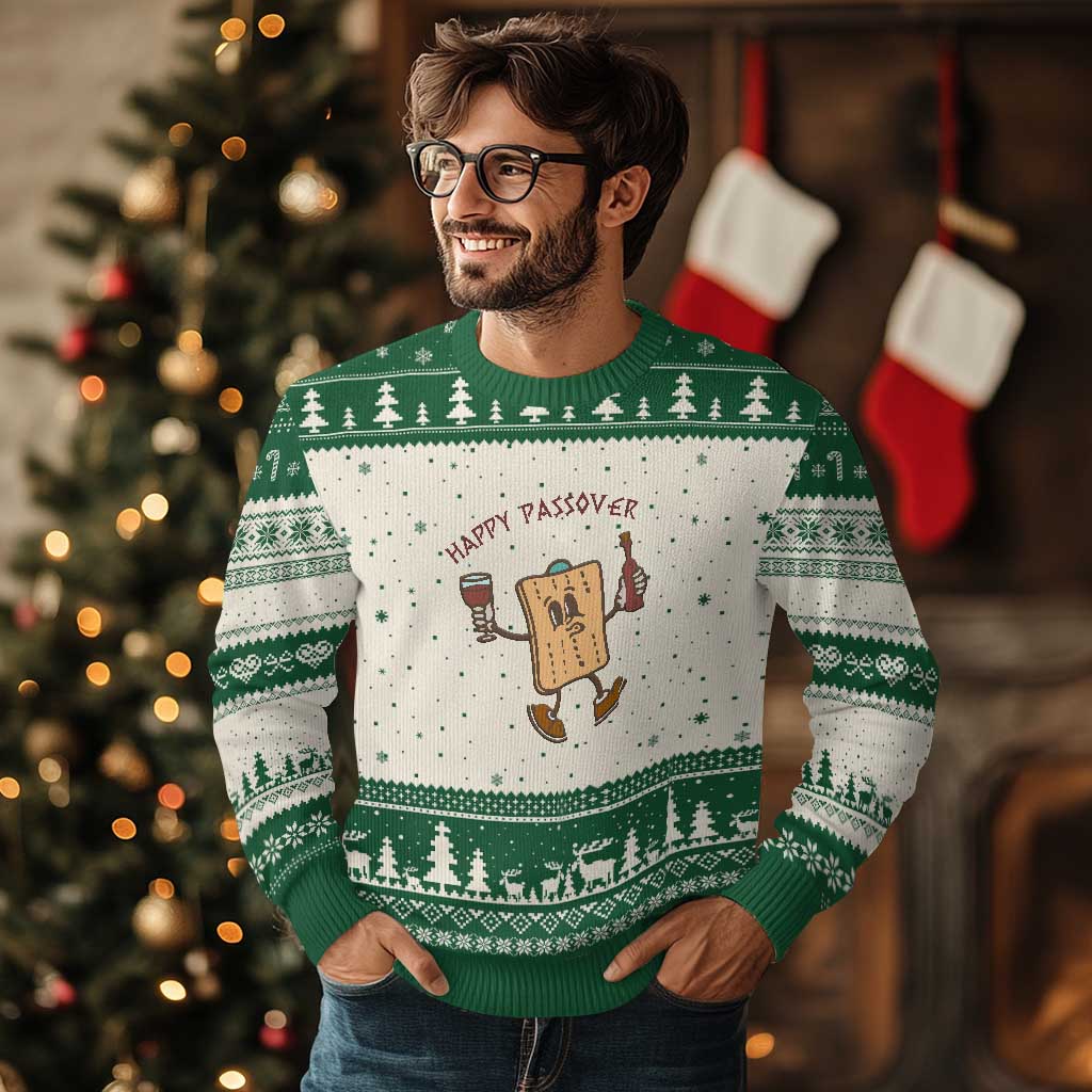 Happy Passover Matzah Drinking Ugly Christmas Sweater Wine and Matzo Matzatarian Funny Pesach Jewish TS02 Beige Green Print Your Wear