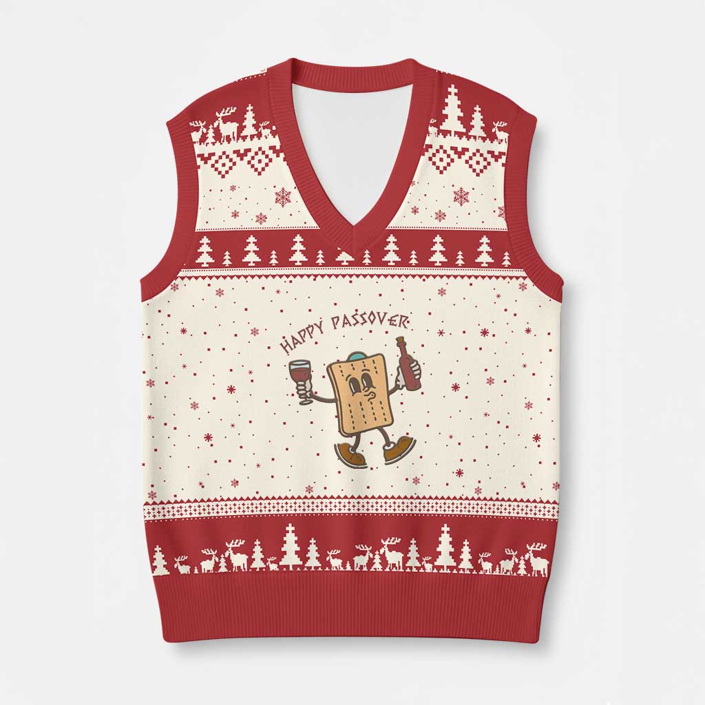 Happy Passover Matzah Drinking V-Neck Knit Sweater Vest Wine and Matzo Matzatarian Funny Pesach Jewish TS02 Beige Red Print Your Wear