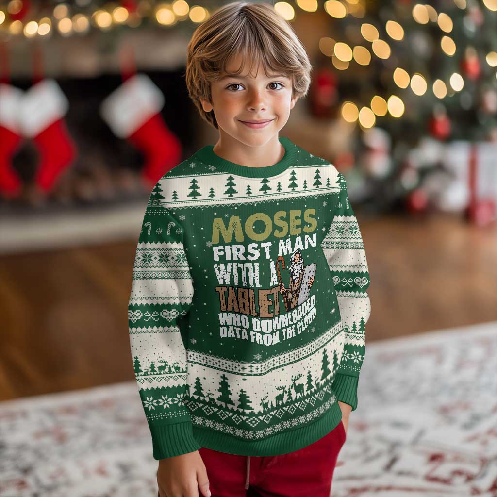 Funny Passover Jewish Tech Pun Ugly Christmas Sweater Moses First Man with a Tablet Who Downloaded Data from the Cloud TS02 Forest Green Beige Print Your Wear