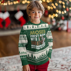 Funny Passover Jewish Tech Pun Ugly Christmas Sweater Moses First Man with a Tablet Who Downloaded Data from the Cloud TS02 Forest Green Beige Print Your Wear
