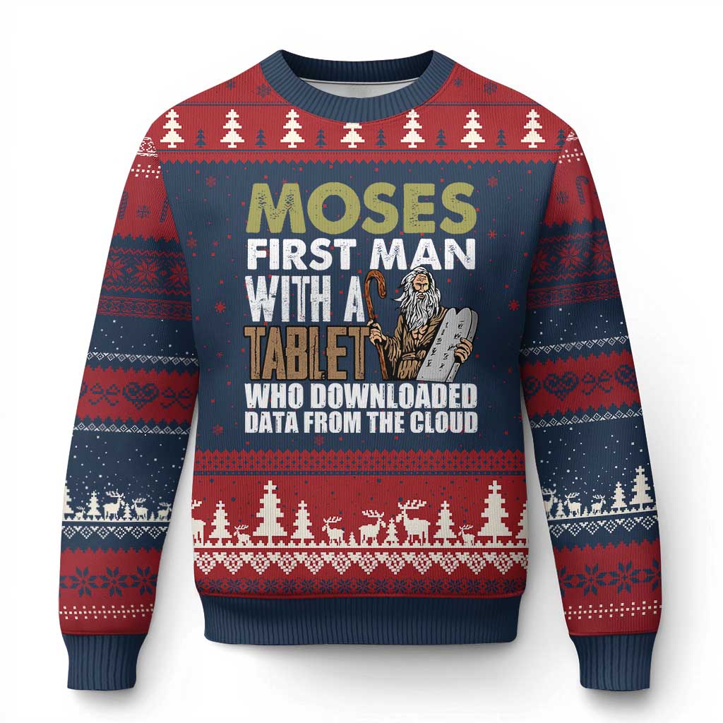Funny Passover Jewish Tech Pun Ugly Christmas Sweater Moses First Man with a Tablet Who Downloaded Data from the Cloud TS02 Navy Red Print Your Wear