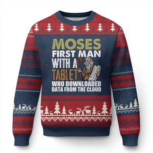 Funny Passover Jewish Tech Pun Ugly Christmas Sweater Moses First Man with a Tablet Who Downloaded Data from the Cloud TS02 Navy Red Print Your Wear