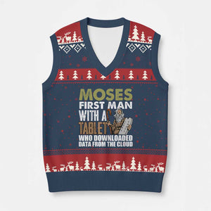 Funny Passover Jewish Tech Pun V-Neck Knit Sweater Vest Moses First Man with a Tablet Who Downloaded Data from the Cloud TS02 Navy Red Print Your Wear