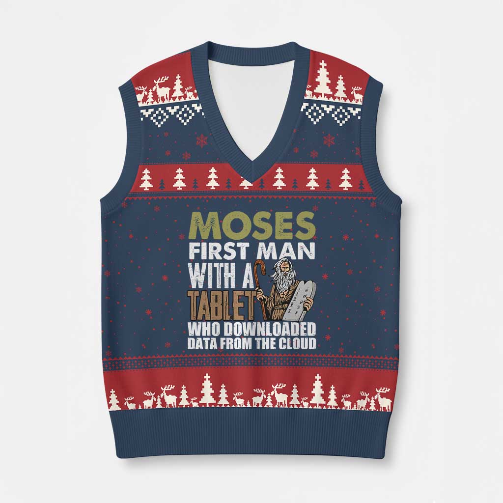 Funny Passover Jewish Tech Pun V-Neck Knit Sweater Vest Moses First Man with a Tablet Who Downloaded Data from the Cloud TS02 Navy Red Print Your Wear