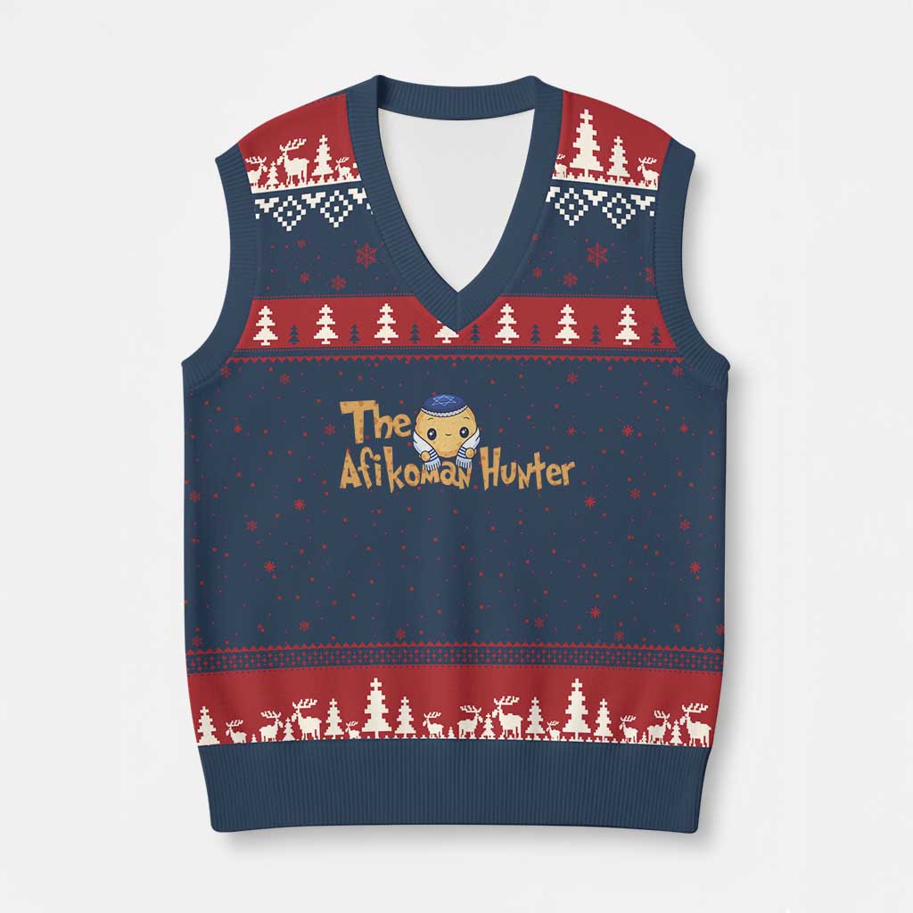 Funny Passover V-Neck Knit Sweater Vest Afikoman Hunter Jewish Family Seder Matzah TS02 Navy Red Print Your Wear