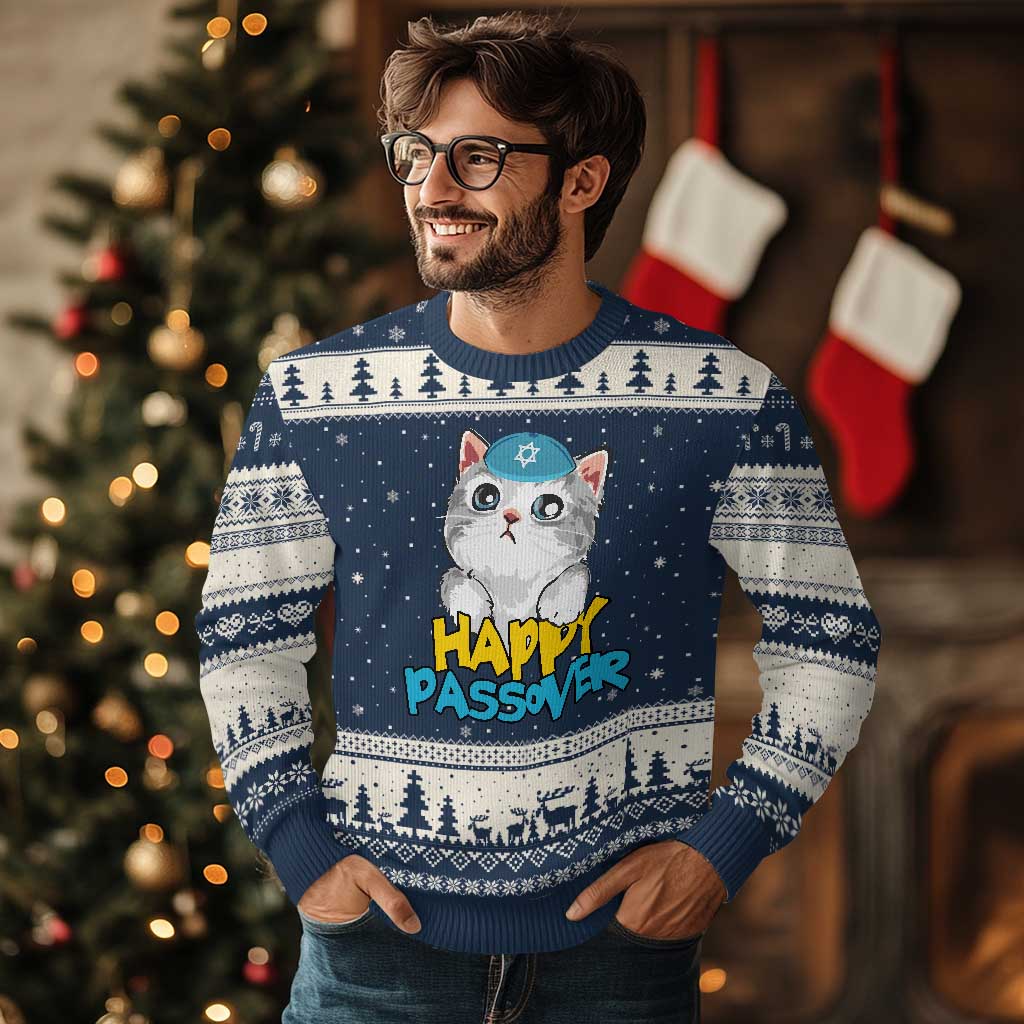 Happy Passover Cute Cat Ugly Christmas Sweater Seder Jewish Pesach TS02 Navy Beige Print Your Wear