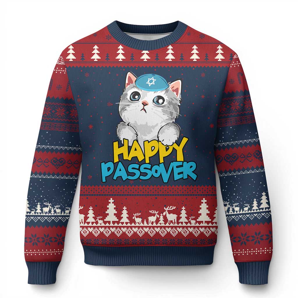 Happy Passover Cute Cat Ugly Christmas Sweater Seder Jewish Pesach TS02 Navy Red Print Your Wear