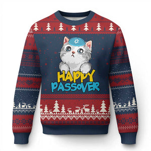 Happy Passover Cute Cat Ugly Christmas Sweater Seder Jewish Pesach TS02 Navy Red Print Your Wear