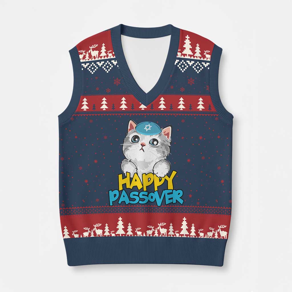 Happy Passover Cute Cat V-Neck Knit Sweater Vest Seder Jewish Pesach TS02 Navy Red Print Your Wear