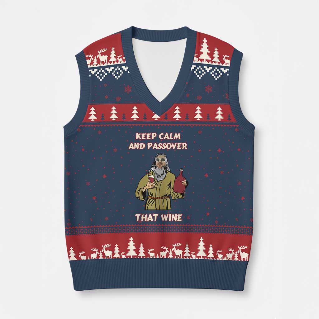 Funny Passover Drinking V-Neck Knit Sweater Vest Keep Calm And Passover That Wine Jewish TS02 Navy Red Print Your Wear