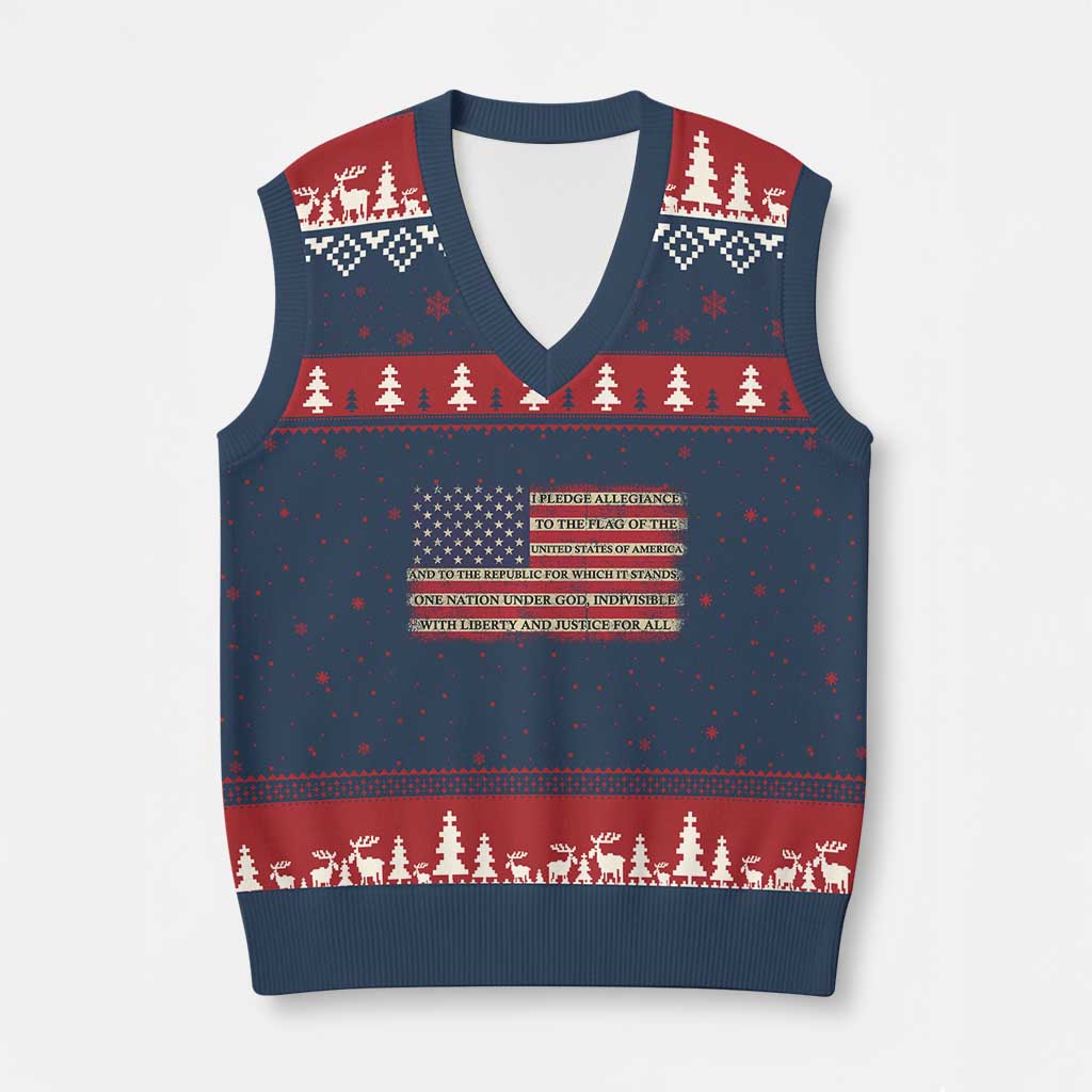 Pledge of Allegiance USA Flag Vintage Patriotic Graphic V-Neck Knit Sweater Vest One Nation Under God Liberty and Justice for All TS02 Navy Red Print Your Wear