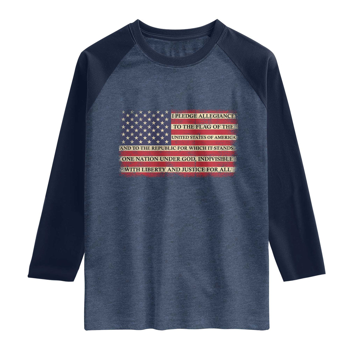 Pledge of Allegiance USA Flag Vintage Patriotic Graphic Raglan Shirt One Nation Under God Liberty and Justice for All TS02 Heather Denim Navy Print Your Wear