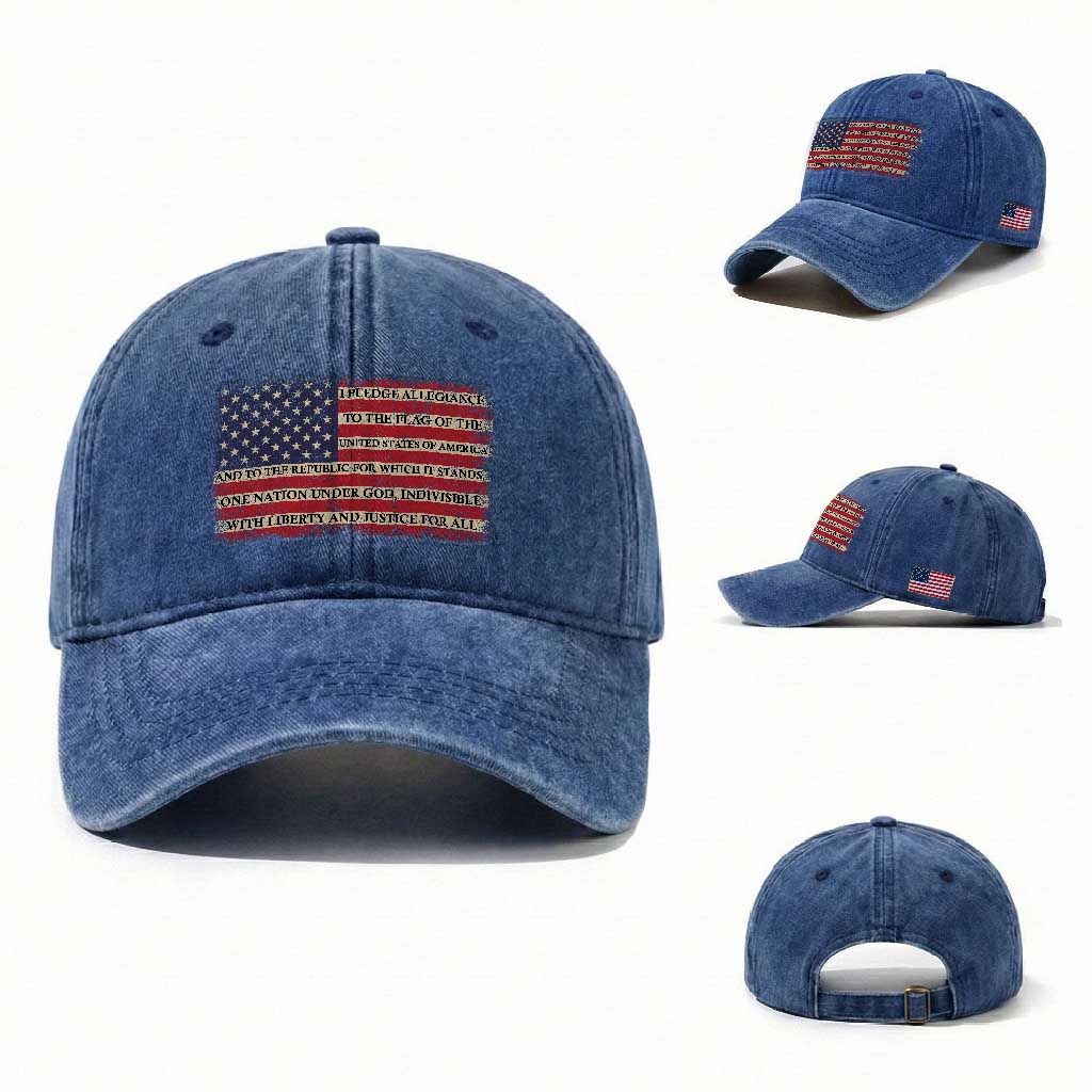 Pledge of Allegiance USA Flag Vintage Patriotic Graphic Washed Cotton Baseball Cap One Nation Under God Liberty and Justice for All TS02 Washed Cap Universal Fit Royal Blue Print Your Wear