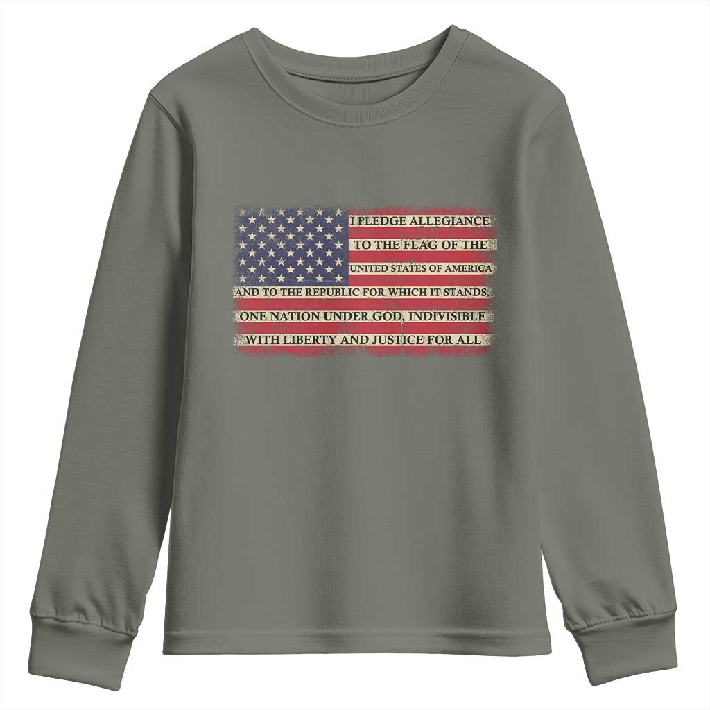 Pledge of Allegiance USA Flag Vintage Patriotic Graphic Youth Sweatshirt One Nation Under God Liberty and Justice for All TS02 Military Green Print Your Wear