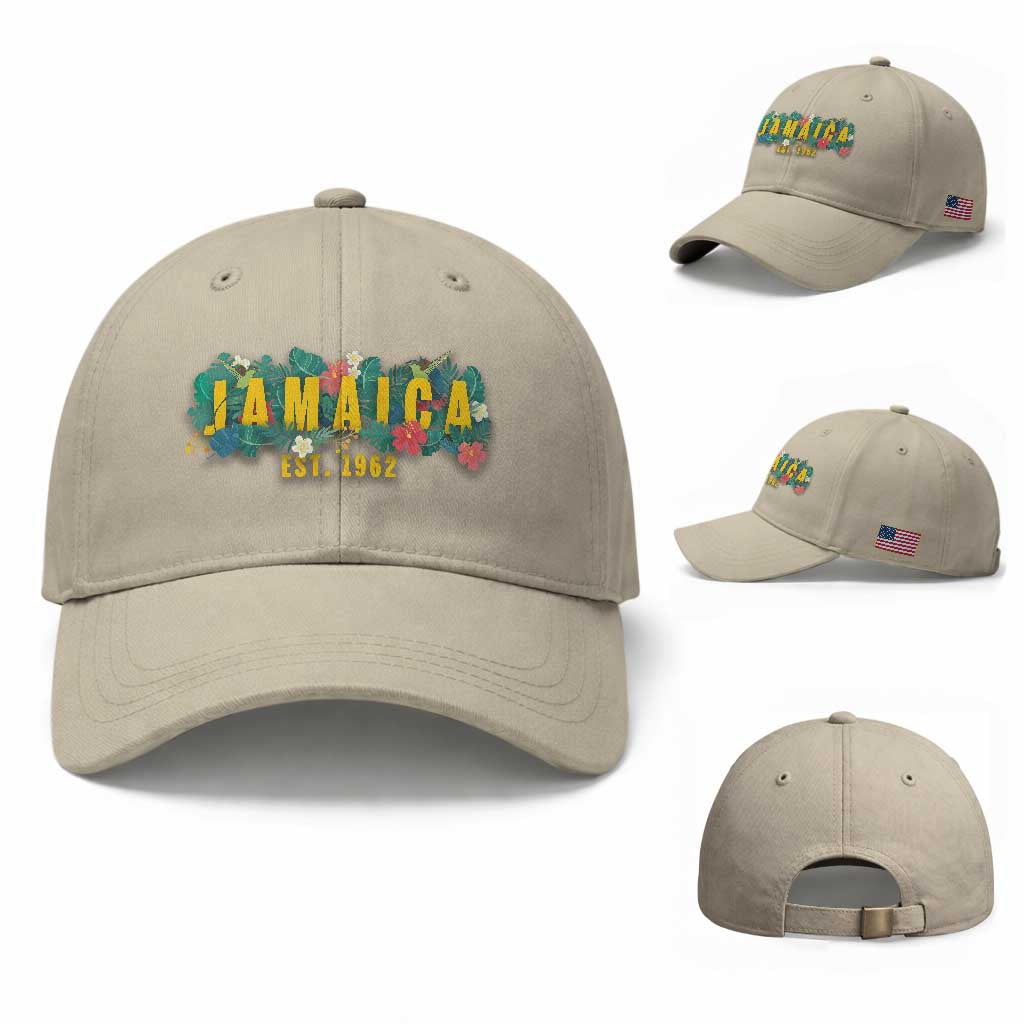 Jamaica Est 1962 Tropical Independence Baseball Cap Doctor Bird and Hibiscus Botanical Travel Souvenir TS02 Baseball Cap Universal Fit Beige Print Your Wear