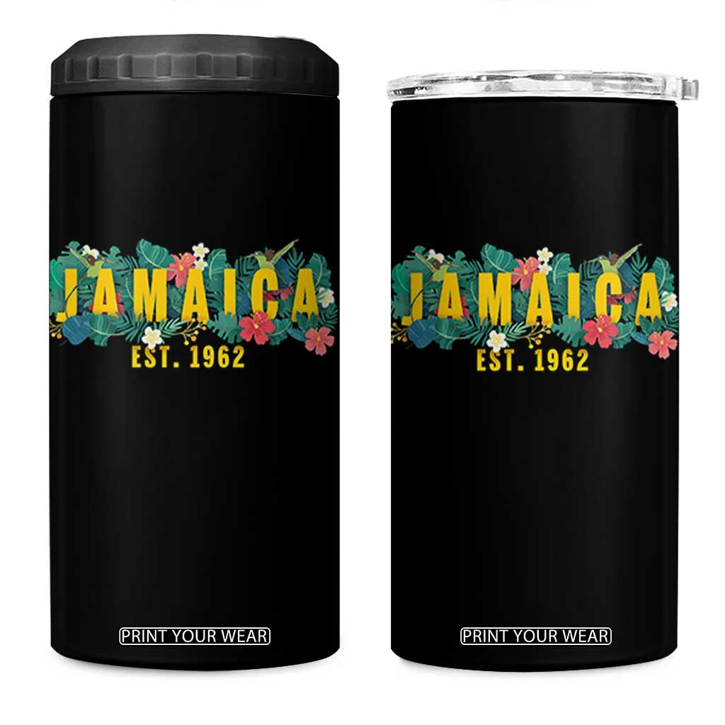 Jamaica Est 1962 Tropical Independence 4 in 1 Can Cooler Tumbler Doctor Bird and Hibiscus Botanical Travel Souvenir TS02 One Size: 16 oz Black Print Your Wear