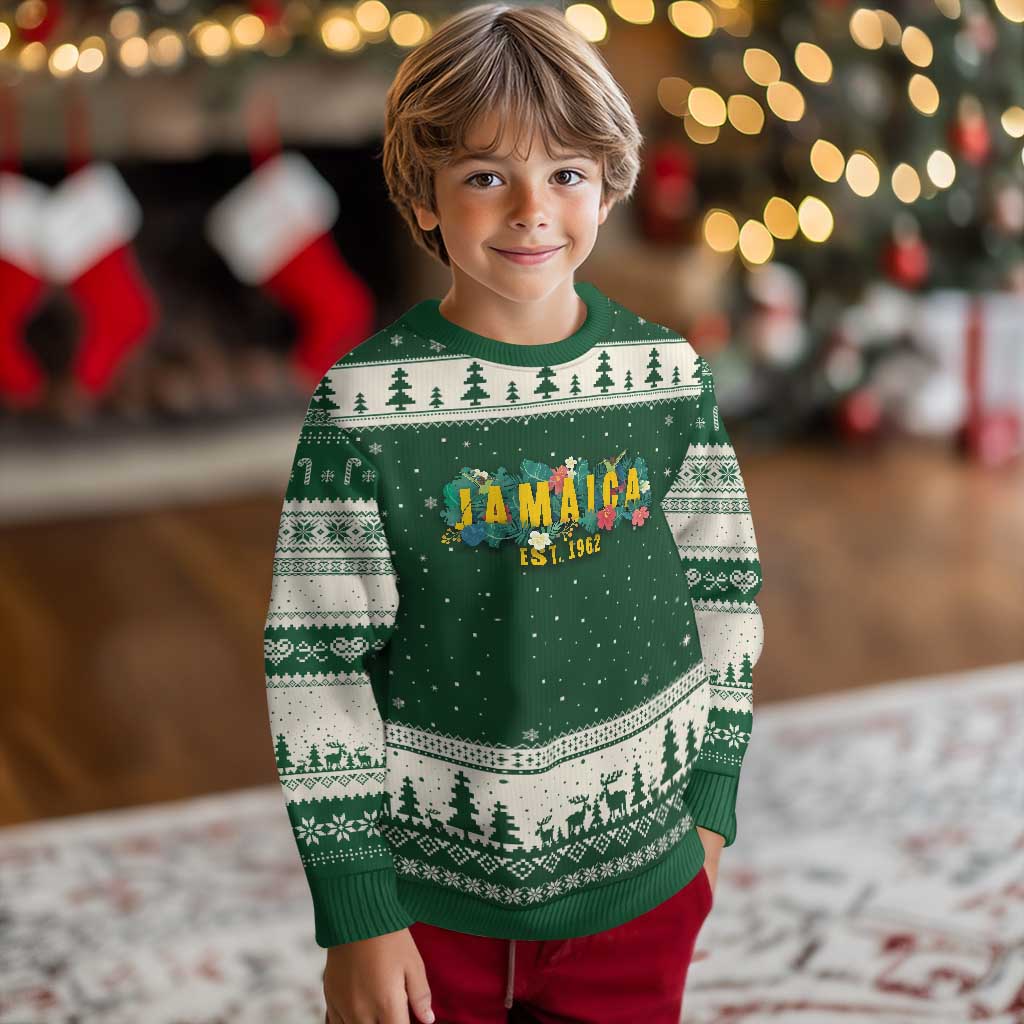 Jamaica Est 1962 Tropical Independence Ugly Christmas Sweater Doctor Bird and Hibiscus Botanical Travel Souvenir TS02 Forest Green Beige Print Your Wear