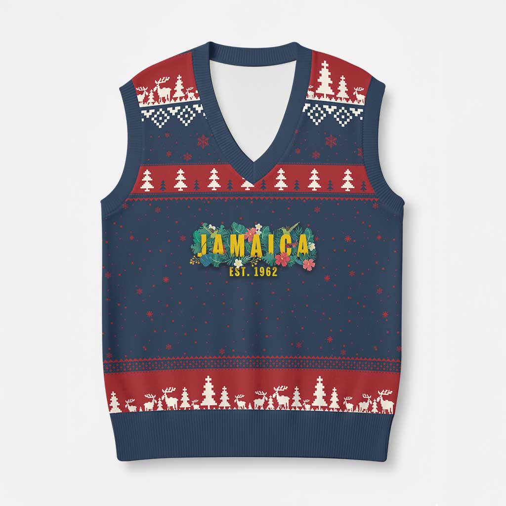 Jamaica Est 1962 Tropical Independence V-Neck Knit Sweater Vest Doctor Bird and Hibiscus Botanical Travel Souvenir TS02 Navy Red Print Your Wear