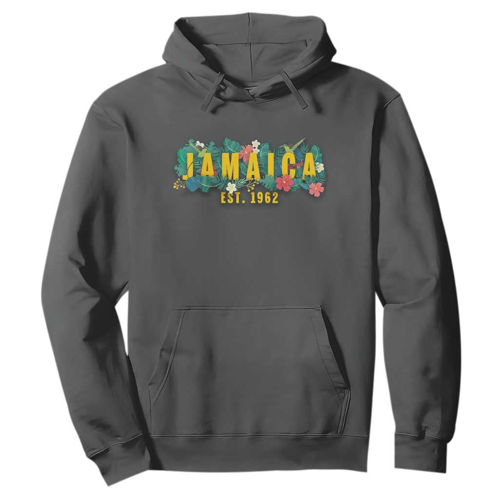 Jamaica Est 1962 Tropical Independence Hoodie Doctor Bird and Hibiscus Botanical Travel Souvenir TS02 Dark Heather Print Your Wear