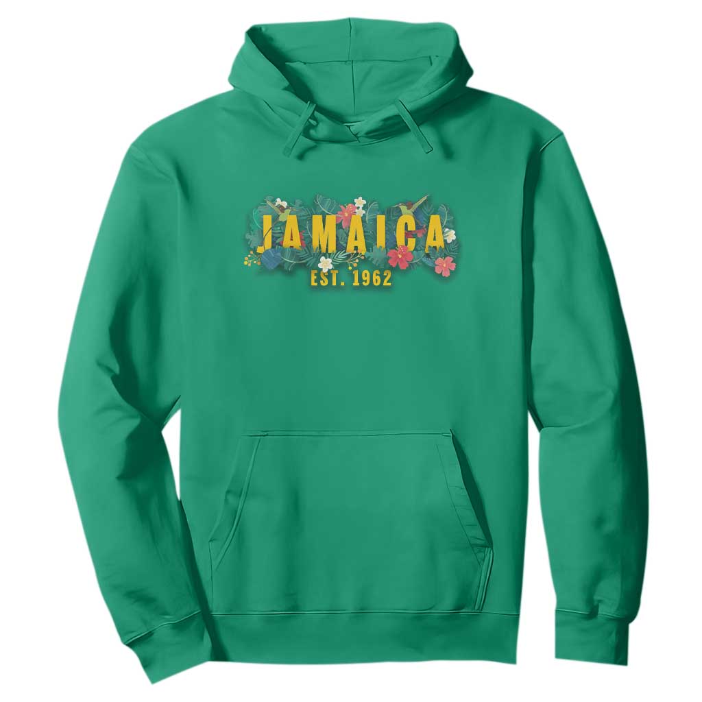 Jamaica Est 1962 Tropical Independence Hoodie Doctor Bird and Hibiscus Botanical Travel Souvenir TS02 Irish Green Print Your Wear