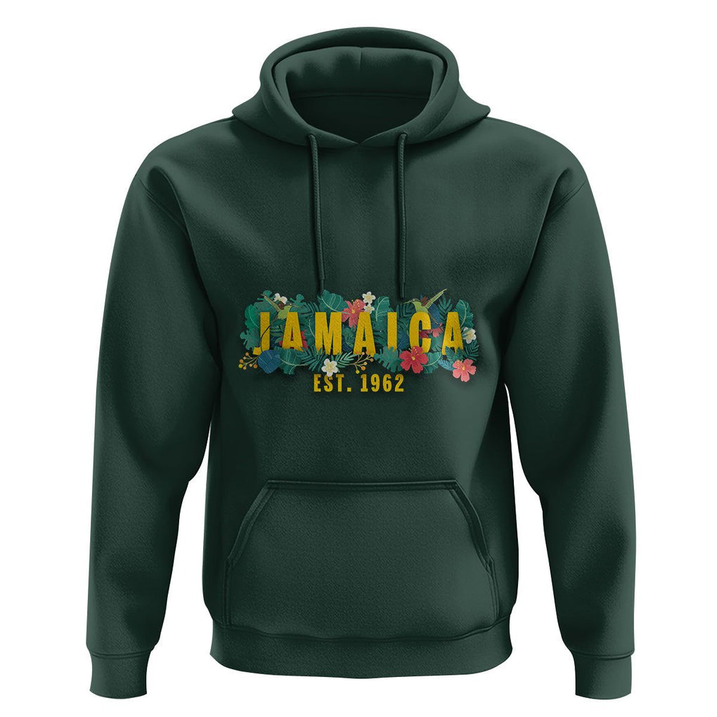 Jamaica Est 1962 Jamaican Flower Bird Travel Souvenir Hoodie TS02 Dark Forest Green Print Your Wear