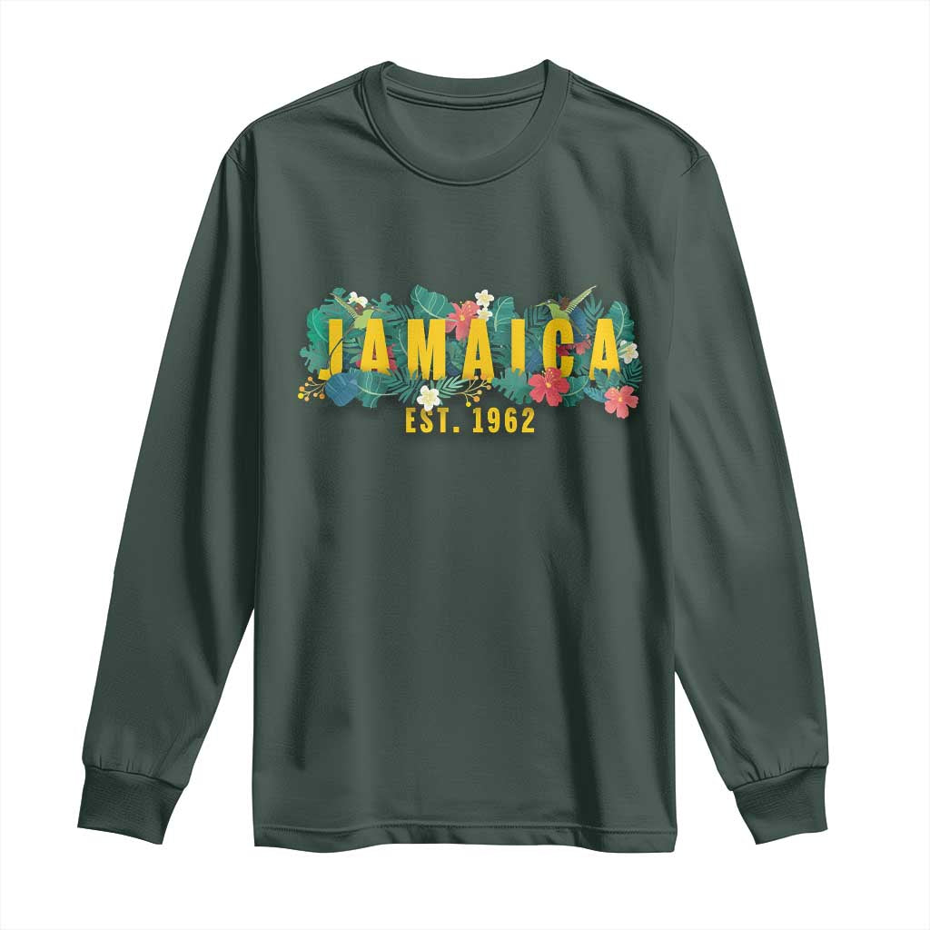Jamaica Est 1962 Tropical Independence Long Sleeve Shirt Doctor Bird and Hibiscus Botanical Travel Souvenir TS02 Dark Forest Green Print Your Wear