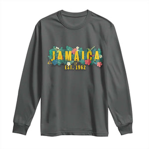 Jamaica Est 1962 Tropical Independence Long Sleeve Shirt Doctor Bird and Hibiscus Botanical Travel Souvenir TS02 Dark Heather Print Your Wear
