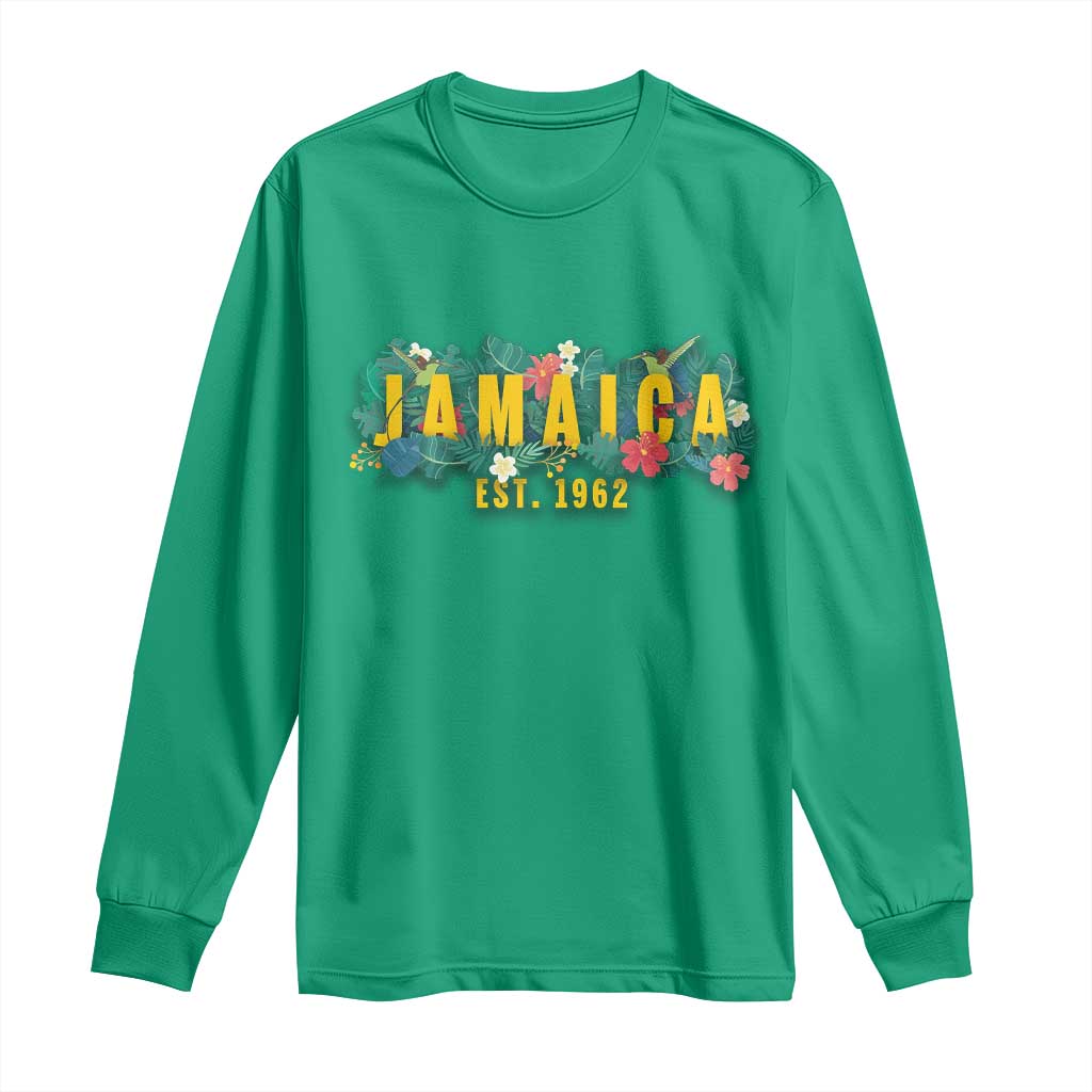 Jamaica Est 1962 Tropical Independence Long Sleeve Shirt Doctor Bird and Hibiscus Botanical Travel Souvenir TS02 Irish Green Print Your Wear
