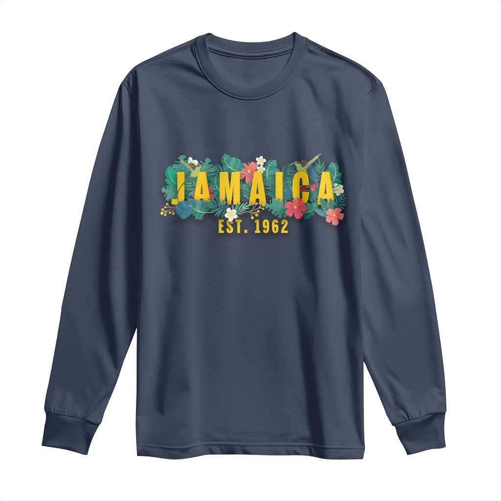 Jamaica Est 1962 Tropical Independence Long Sleeve Shirt Doctor Bird and Hibiscus Botanical Travel Souvenir TS02 Navy Print Your Wear
