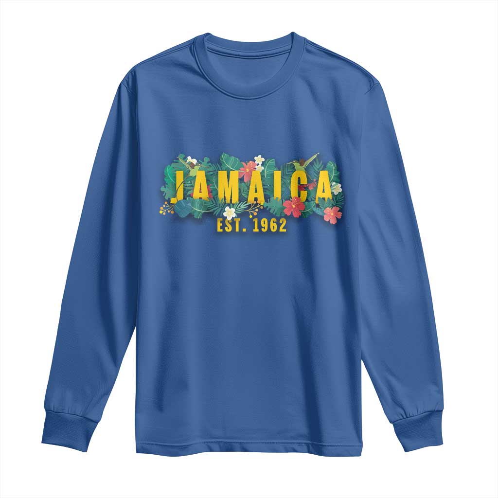 Jamaica Est 1962 Tropical Independence Long Sleeve Shirt Doctor Bird and Hibiscus Botanical Travel Souvenir TS02 Royal Blue Print Your Wear