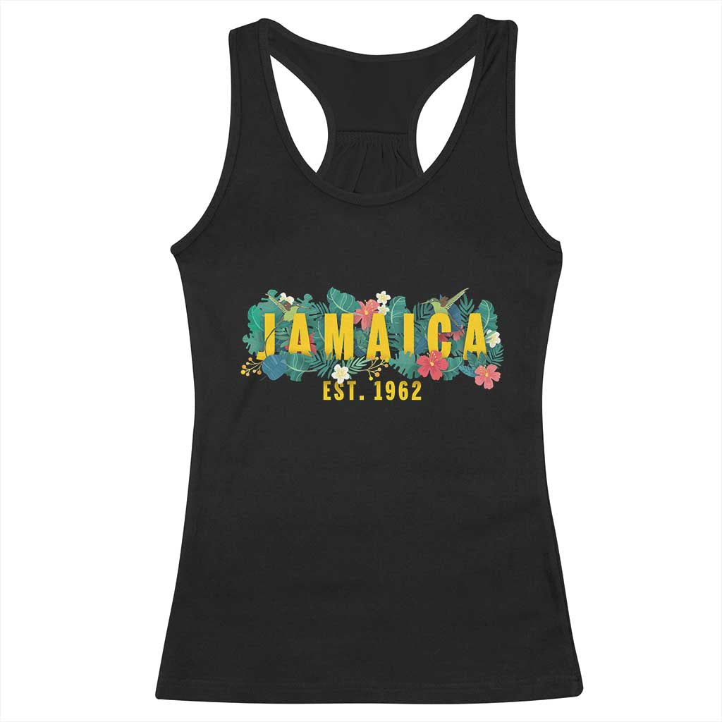 Jamaica Est 1962 Tropical Independence Racerback Tank Top Doctor Bird and Hibiscus Botanical Travel Souvenir TS02 Black Print Your Wear