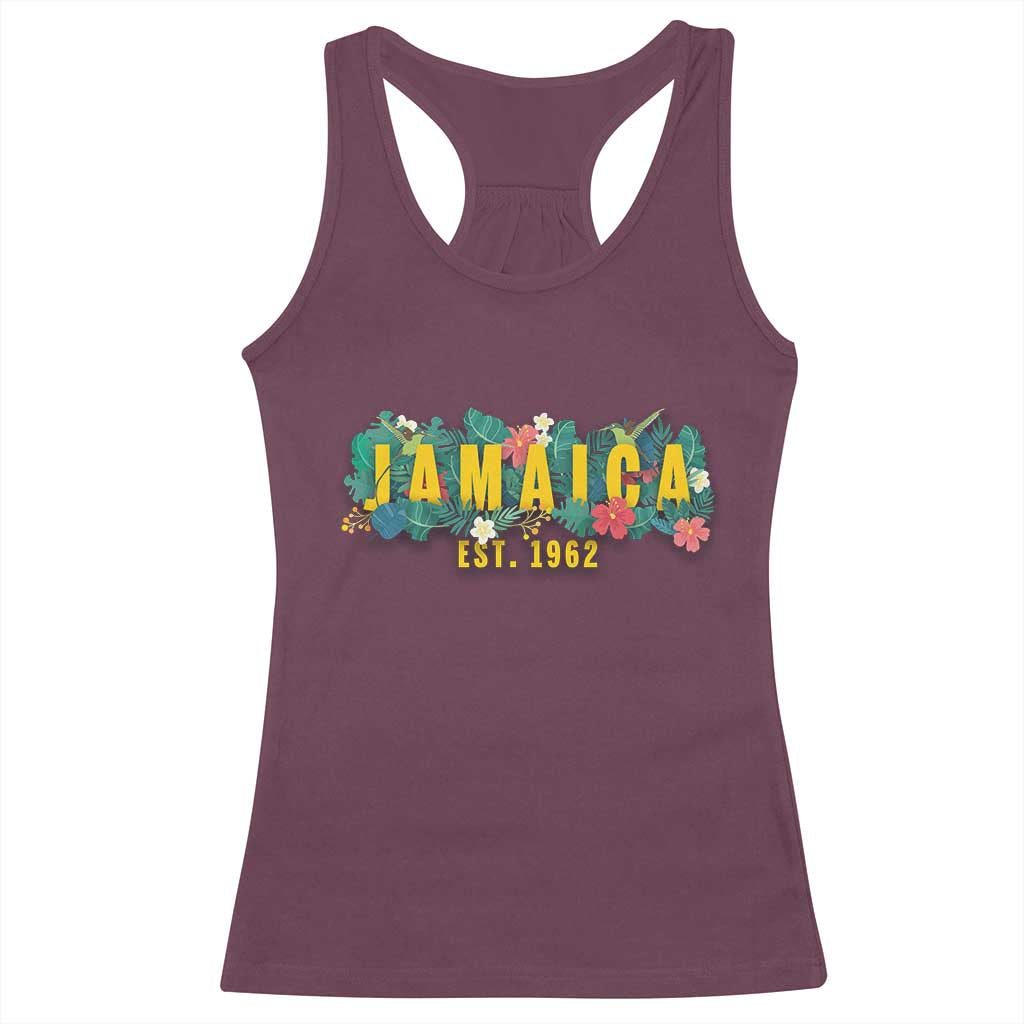 Jamaica Est 1962 Tropical Independence Racerback Tank Top Doctor Bird and Hibiscus Botanical Travel Souvenir TS02 Maroon Print Your Wear