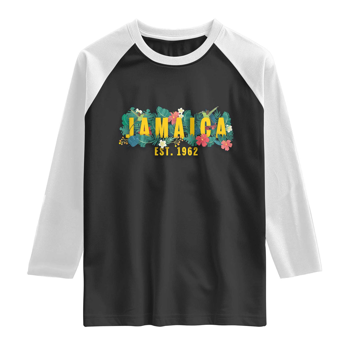 Jamaica Est 1962 Tropical Independence Raglan Shirt Doctor Bird and Hibiscus Botanical Travel Souvenir TS02 Black White Print Your Wear