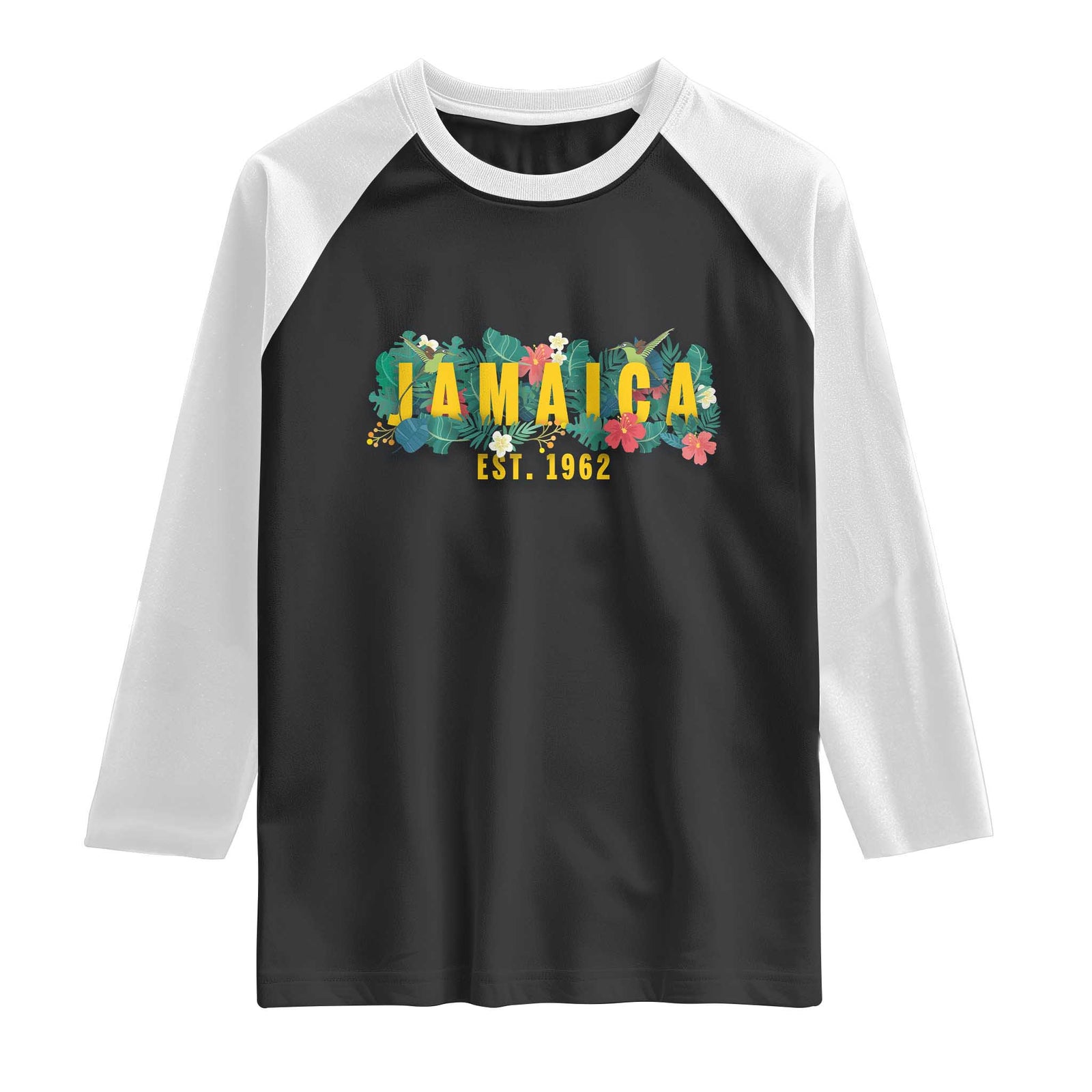 Jamaica Est 1962 Tropical Independence Raglan Shirt Doctor Bird and Hibiscus Botanical Travel Souvenir TS02 Black White Print Your Wear