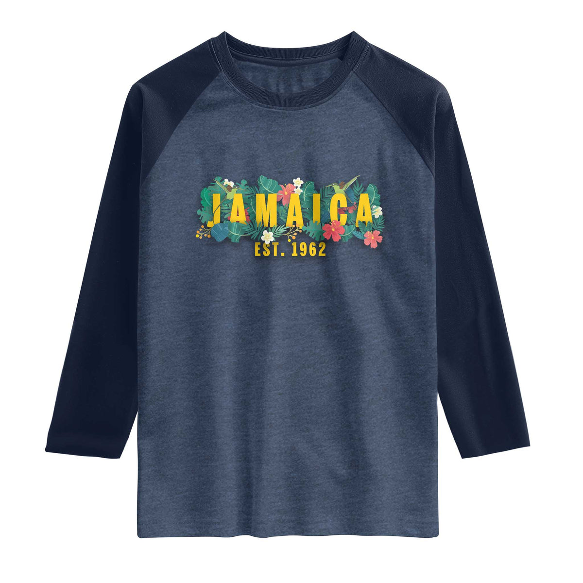 Jamaica Est 1962 Tropical Independence Raglan Shirt Doctor Bird and Hibiscus Botanical Travel Souvenir TS02 Heather Denim Navy Print Your Wear
