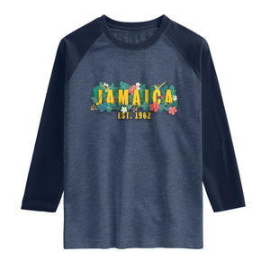 Jamaica Est 1962 Tropical Independence Raglan Shirt Doctor Bird and Hibiscus Botanical Travel Souvenir TS02 Heather Denim Navy Print Your Wear