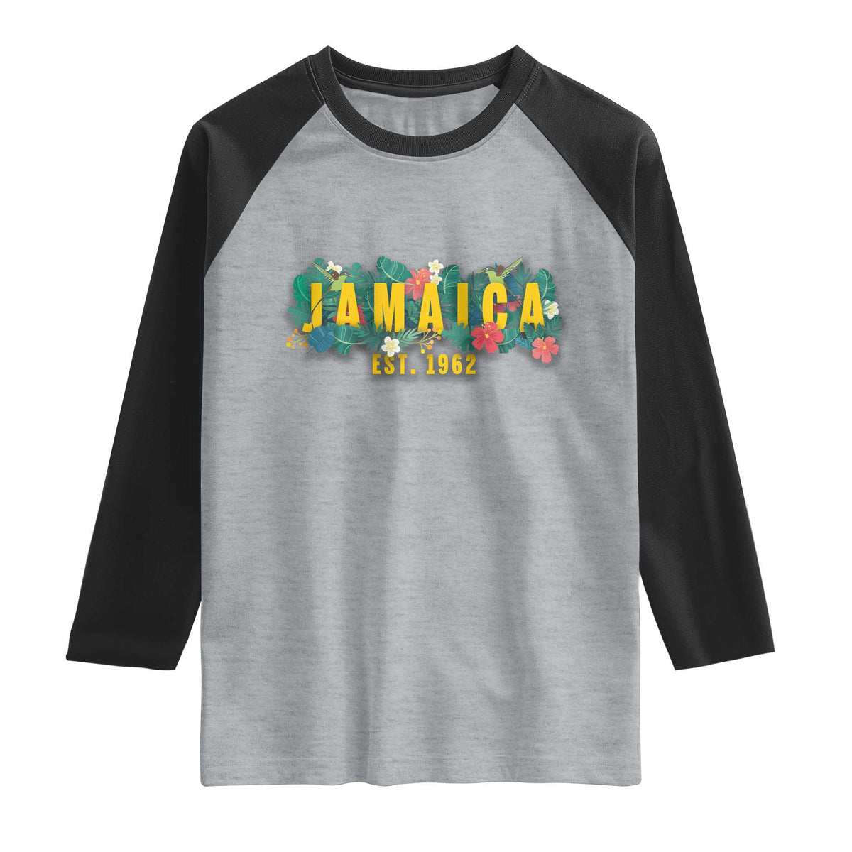 Jamaica Est 1962 Tropical Independence Raglan Shirt Doctor Bird and Hibiscus Botanical Travel Souvenir TS02 Heather Gray Black Print Your Wear